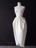A line Strapless Satin White Tea Length Wedding Dresses Brides Dress SD0086