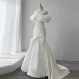 Mermaid Off The Shoulder Satin White Long Wedding Dresses Brides Dress SD0087