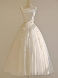 Ball Gown Bateau White Tea Length Wedding Dresses Brides Dress SD0090