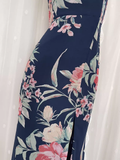 Sheath Spaghetti Straps Blue Rose Travel Vacation Floral Beach Dress Long Dress SD009