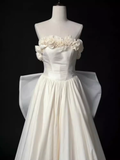 A line Strapless Satin White Long Wedding Dresses Brides Dress SD0088
