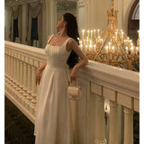 A line Square Neckline White Satin Prom Dresses Birthday Outfits Evening Gown SD1003