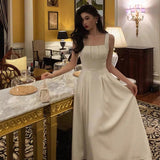 A line Square Neckline White Satin Prom Dresses Birthday Outfits Evening Gown SD1003