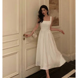 A line Square Neckline White Satin Prom Dresses Birthday Outfits Evening Gown SD1003