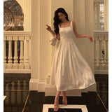 A line Square Neckline White Satin Prom Dresses Birthday Outfits Evening Gown SD1003