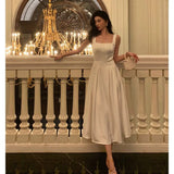 A line Square Neckline White Satin Prom Dresses Birthday Outfits Evening Gown SD1003