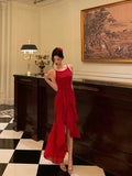 High Low Spaghetti Straps Red Long Prom Dresses Birthday Outfits Evening Gown SD1004