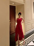 High Low Spaghetti Straps Red Long Prom Dresses Birthday Outfits Evening Gown SD1004