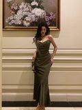 Sheath Spaghetti Straps Green Satin Long Prom Dresses Evening Gowns SD1005
