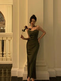 Sheath Spaghetti Straps Green Satin Long Prom Dresses Evening Gowns SD1005