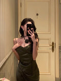 Sheath Spaghetti Straps Green Satin Long Prom Dresses Evening Gowns SD1005