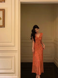 A line V neckline Orange Chiffon Long Prom Dresses Birthday Outfits Evening Gown SD1011