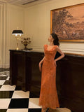 A line V neckline Orange Chiffon Long Prom Dresses Birthday Outfits Evening Gown SD1011