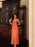 A line V neckline Orange Chiffon Long Prom Dresses Birthday Outfits Evening Gown SD1011
