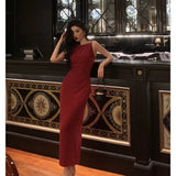 Sheath Jewel Neckline Red Long Prom Dresses Birthday Outfits Evening Gown SD1012