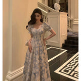 A line Square neckline Blue Chiffon Long Prom Dresses Birthday Outfits Evening Gown SD1013