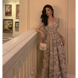 A line Square neckline Blue Chiffon Long Prom Dresses Birthday Outfits Evening Gown SD1013