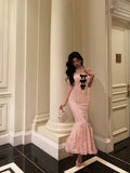 Mermaid Strapless Lace Pink Prom Dresses Birthday Outfits Evening Gown SD1015