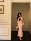 Mermaid Strapless Lace Pink Prom Dresses Birthday Outfits Evening Gown SD1015