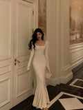 Sheath Square Neckline Ivory Long Prom Dresses Birthday Outfits Evening Gown SD1018