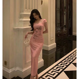 Sheath Square Neckline Pink Prom Dresses Slit Birthday Outfits Evening Gown SD1021