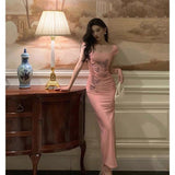 Sheath Square Neckline Pink Prom Dresses Slit Birthday Outfits Evening Gown SD1021
