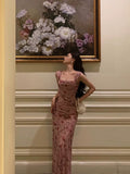 Sheath Square Neckline Floral Pink Prom Dresses Birthday Outfits Evening Gown SD1025