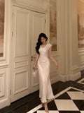 Sheath V Neckline Ivory Satin Prom Dresses Birthday Outfits Evening Gown SD1027