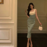 Sheath Straps Green Satin Prom Dresses Birthday Outfits Evening Gown SD1030