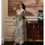 French Sheath Blue Floral Ruffles Prom Dresses Birthday Outfits Evening Gown SD1033