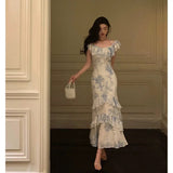 French Sheath Blue Floral Ruffles Prom Dresses Birthday Outfits Evening Gown SD1033