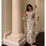 French Sheath Blue Floral Ruffles Prom Dresses Birthday Outfits Evening Gown SD1033