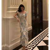 French Sheath Blue Floral Ruffles Prom Dresses Birthday Outfits Evening Gown SD1033