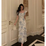 French Sheath Blue Floral Ruffles Prom Dresses Birthday Outfits Evening Gown SD1033