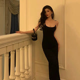 Sheath Spaghetti Straps Black Prom Dresses Birthday Outfits Evening Gown SD1035