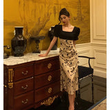 A Line Square Neckline Floral Black Prom Dresses Birthday Outfits Evening Gown SD1036