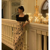 A Line Square Neckline Floral Black Prom Dresses Birthday Outfits Evening Gown SD1036