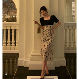 A Line Square Neckline Floral Black Prom Dresses Birthday Outfits Evening Gown SD1036