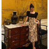 A Line Square Neckline Floral Black Prom Dresses Birthday Outfits Evening Gown SD1036