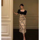 A Line Square Neckline Floral Black Prom Dresses Birthday Outfits Evening Gown SD1036