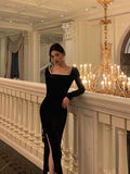 French Sheath Square Neckline Black Prom Dresses Birthday Outfits Evening Gown SD1039