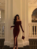 French Sheath Off The Shoulder Burgundy Split Prom Dresses Birthday Outfits Evening Gown SD1043