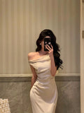 French Sheath One Shoulder White Prom Dresses Birthday Outfits Evening Gown SD1045