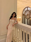 French Mermaid Square Neckline Lace White Prom Dresses Birthday Outfits Evening Gown SD1051