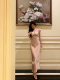 French Sheath V Neckline Long Pink Prom Dresses Birthday Outfits Evening Gown SD1053