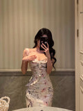 French Sheath Square Neckline Floral Pink Prom Dresses Birthday Outfits Evening Gown SD1054