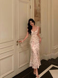 French Sheath Square Neckline Floral Pink Prom Dresses Birthday Outfits Evening Gown SD1054