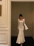 French Sheath Square Neckline Ivory Long Sleeves Prom Dresses Birthday Outfits Evening Gown SD1057