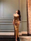 Sheath Straps Gold Satin Date Night Dress Long Prom Dresses Birthday Outfits SD1064