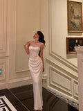 Sheath Spaghetti Straps White Satin Date Night Dress Long Prom Dresses Birthday Outfits SD1067